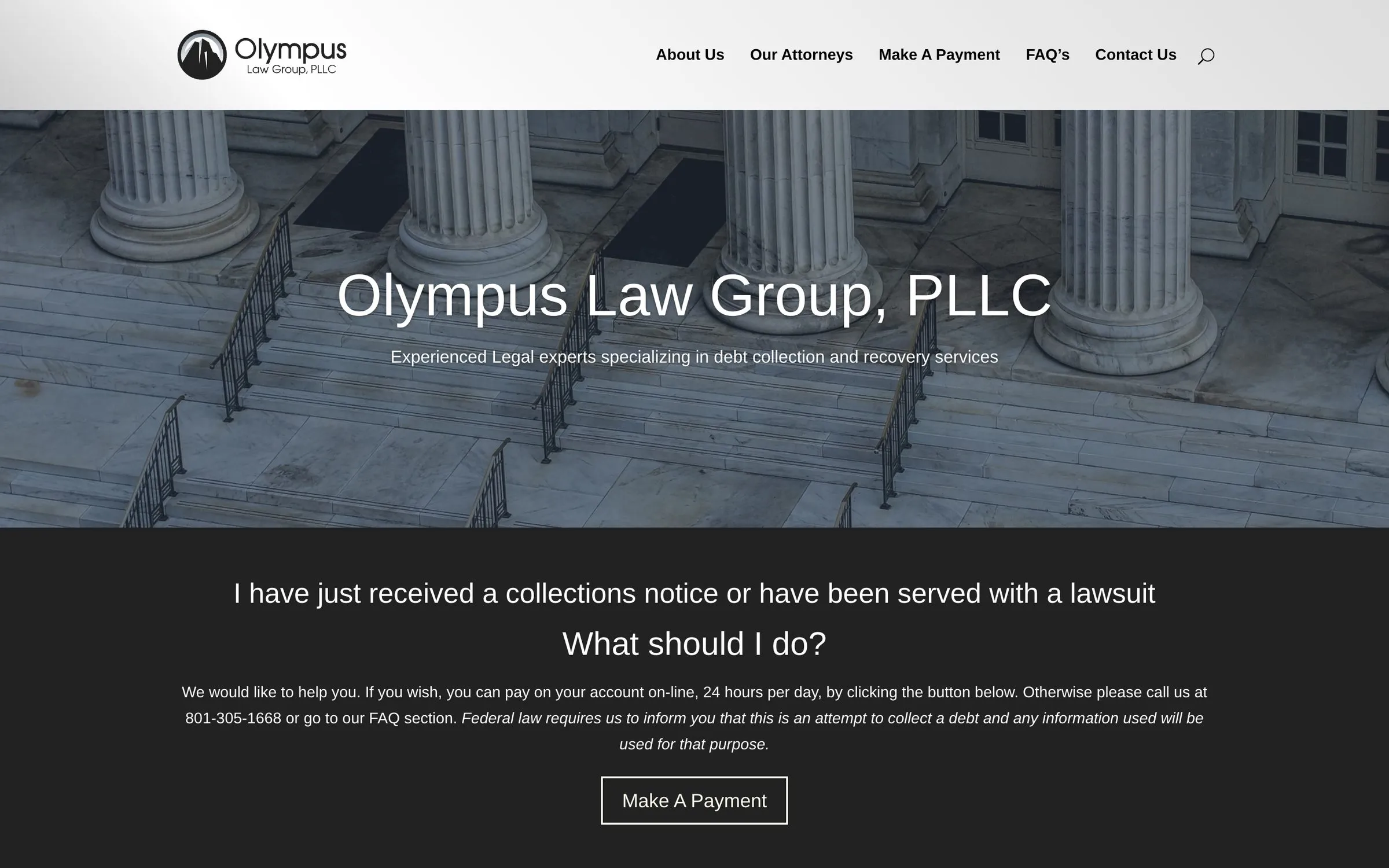 Olympus Law Group home page: a columned courthouse behind the firm’s name, above a dark band explaining what to do after a collections notice.